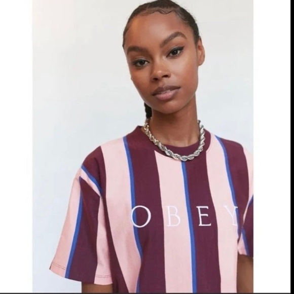 OBEY short sleeve pink tee with a few colours and stripes - Picture 2 of 7